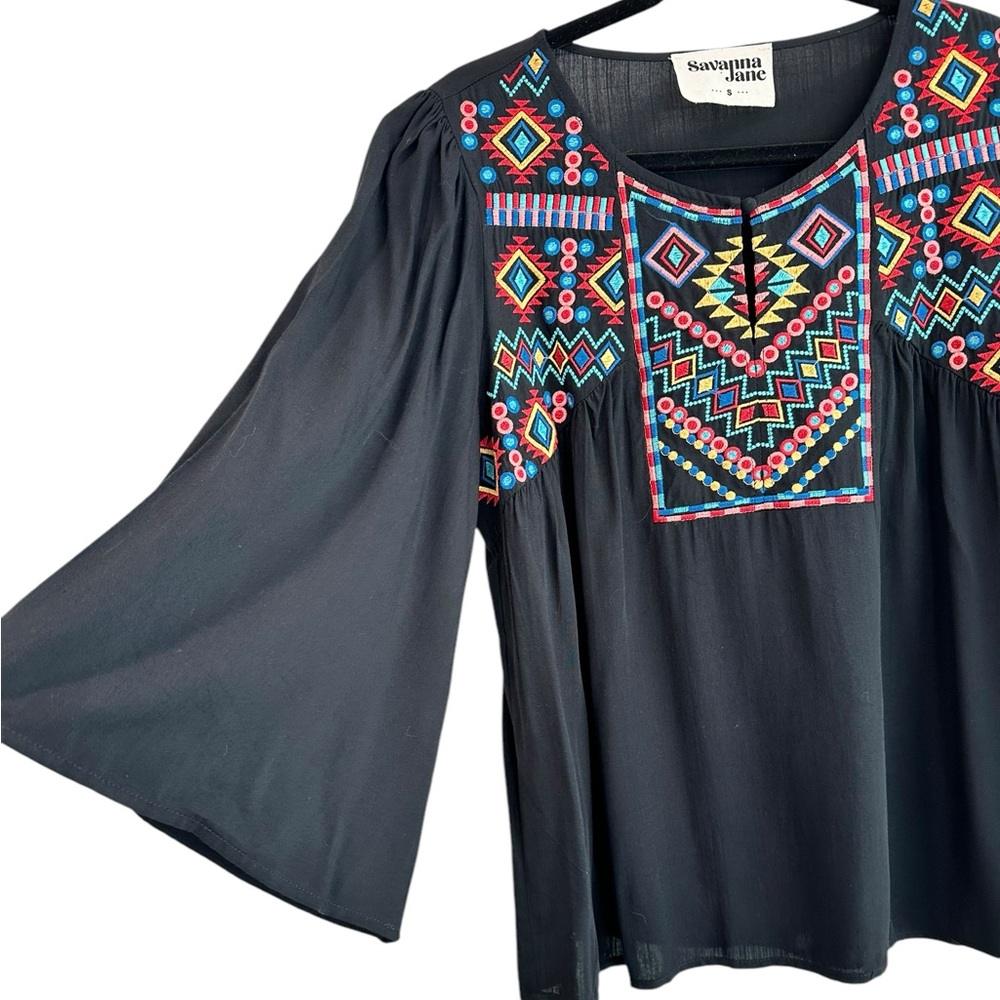 Savanna Jane Small‎ black colorful embroidered top with flowy 3/4 sleeves - Picture 5 of 5